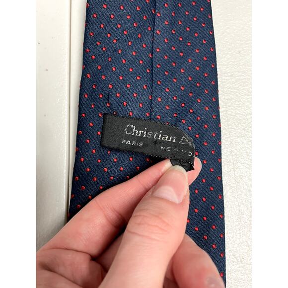 Vintage 80s CHRISTIAN DIOR Embroidered Logo Polka Dot Designer Neck Tie Blue Red - Picture 3 of 8